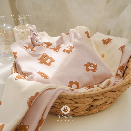 [2차제작]쪼꼬미는 달라~귀염 실내복, 쪼꼬미가 좋은 아기곰 이야기 - cream, rose pink bear cotton baby homewear set