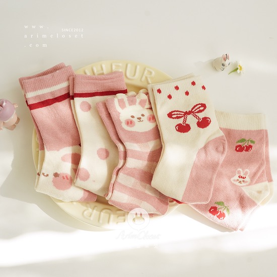 귀여운 쪼꼬미의 귀여운 양말이라죠 - bunny / cherry cute socks (5ea 1set)