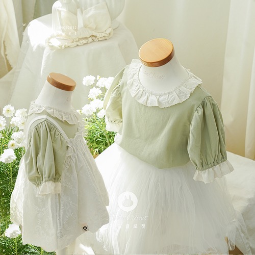 [new10%↓ 5.16 11am까지] 싱그러운 꽃잎에 쪼꼬미 마음도 살랑살랑 :) -  olive green lace baby cotton pure blouse