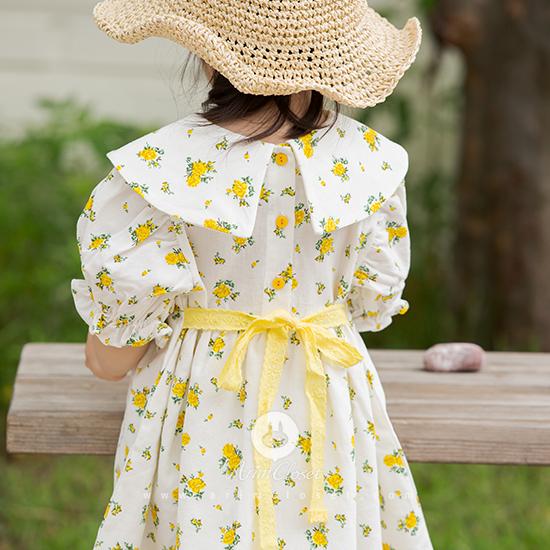 [Scratch_sale]   유채꽃밭에서 쪼꼬미의 작은 손잡고서.. - cute yellow flower lace ribbon linen + cotton baby dress