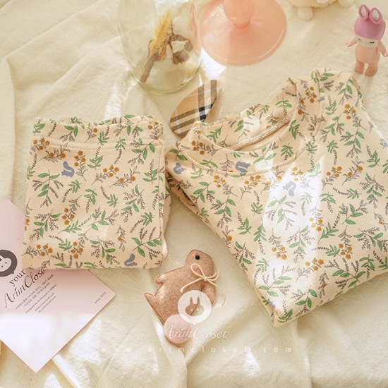 쪼꼬미는 달라~귀염 실내복, 숲속에 아기여우 이야기 -  fox, leaf and flower beige cotton baby homewear set