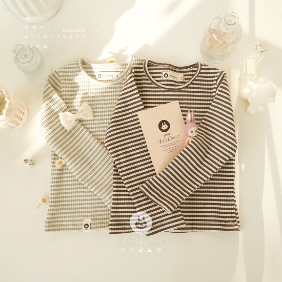 쪼꼬미의 귀염진 놀이시간 &gt;.&lt;  티셔츠 - gray, brown stripe slim cotton T